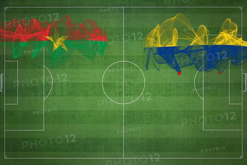 Burkina Faso vs Colombia Soccer Match, national colors, national flags, soccer field, football game, Competition concept, Copy space
