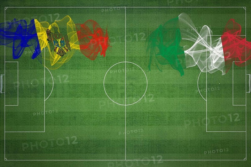 Moldova vs Italy Soccer Match, national colors, national flags, soccer field, football game, Competition concept, Copy space