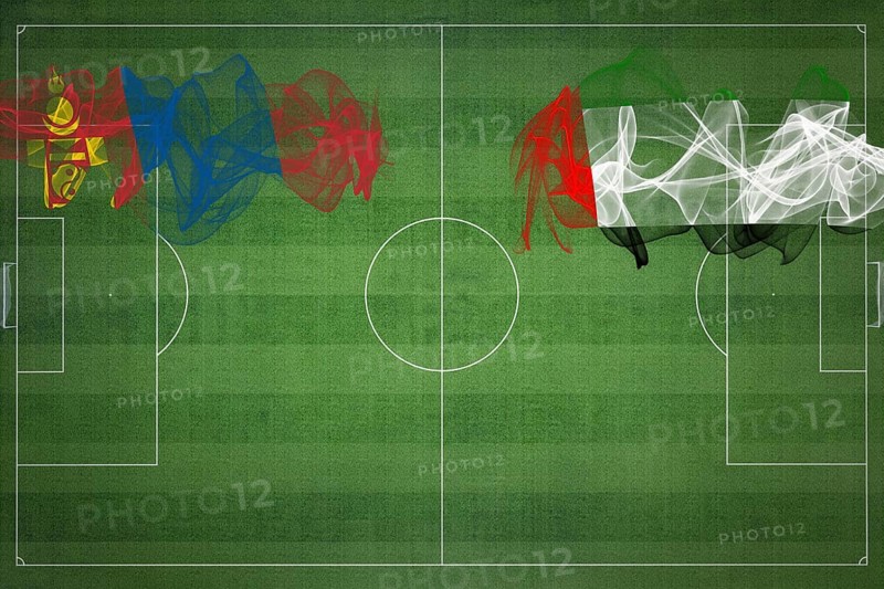 Mongolia vs United Arab Emirates Soccer Match, national colors, national flags, soccer field, football game, Competition concept, Copy space