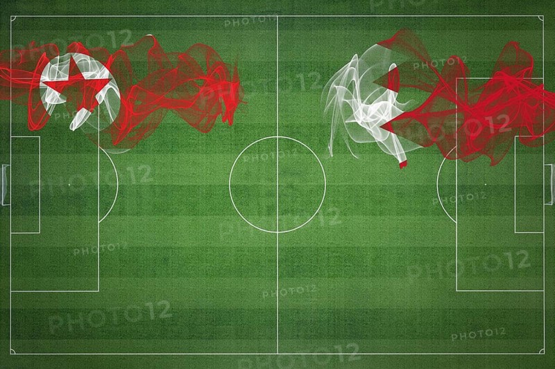 North Korea vs Bahrain Soccer Match, national colors, national flags, soccer field, football game, Competition concept, Copy space