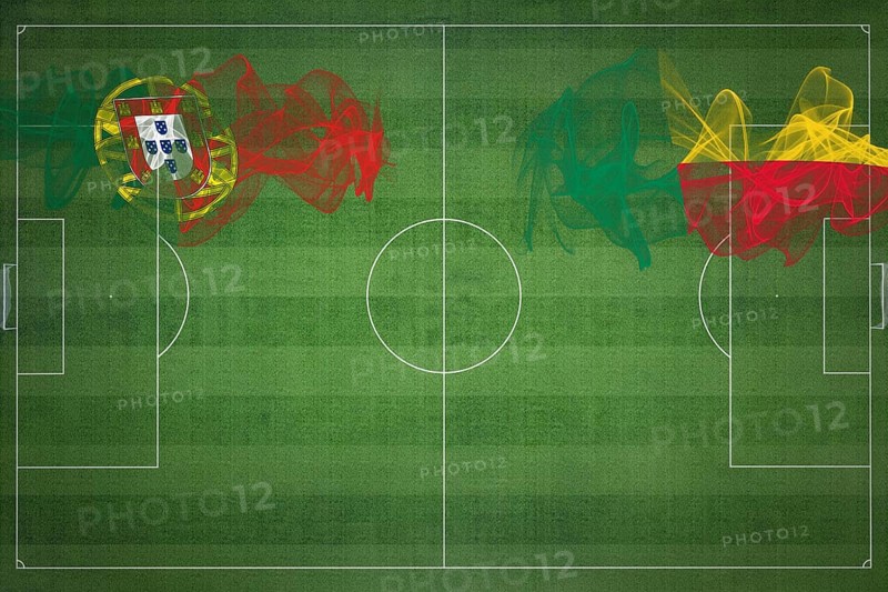 Portugal vs Benin Soccer Match, national colors, national flags, soccer field, football game, Competition concept, Copy space