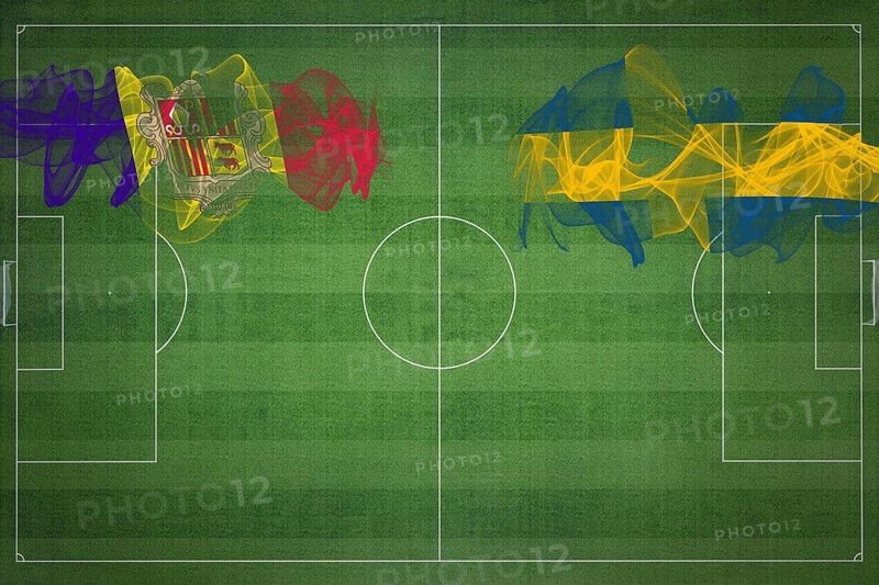Andorra vs Sweden Soccer Match, national colors, national flags, soccer field, football game, Competition concept, Copy space