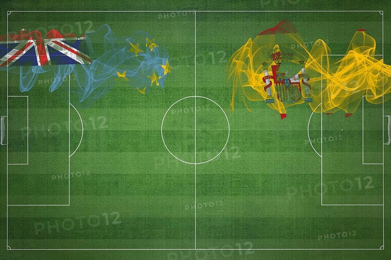Tuvalu vs Spain Soccer Match, national colors, national flags, soccer field, football game, Competition concept, Copy space