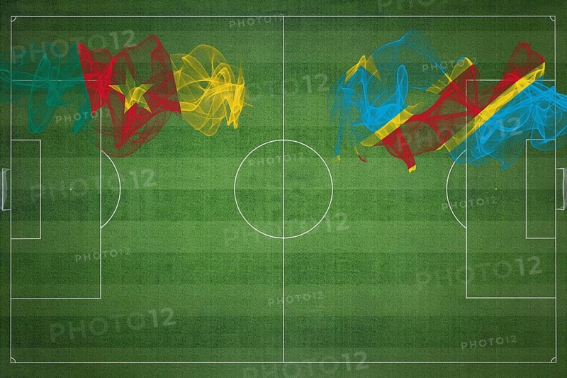 Cameroon vs DR Congo Soccer Match, national colors, national flags, soccer field, football game, Competition concept, Copy space