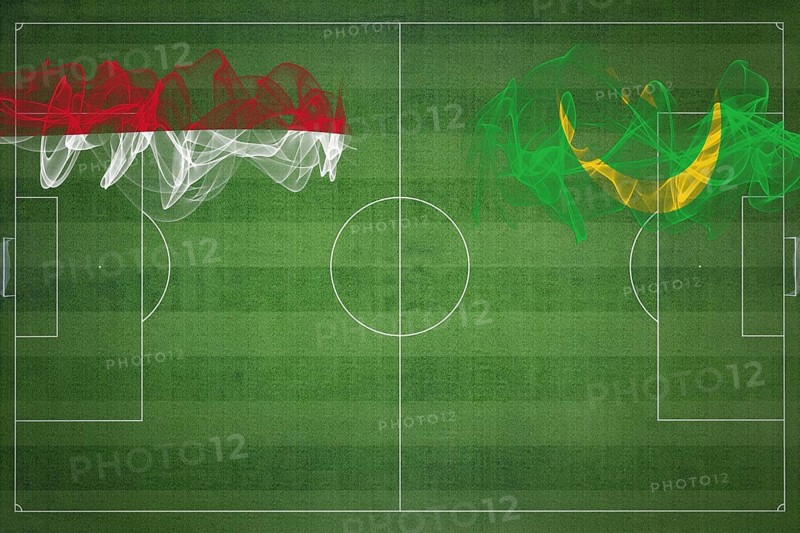 Indonesia vs Mauritania Soccer Match, national colors, national flags, soccer field, football game, Competition concept, Copy space