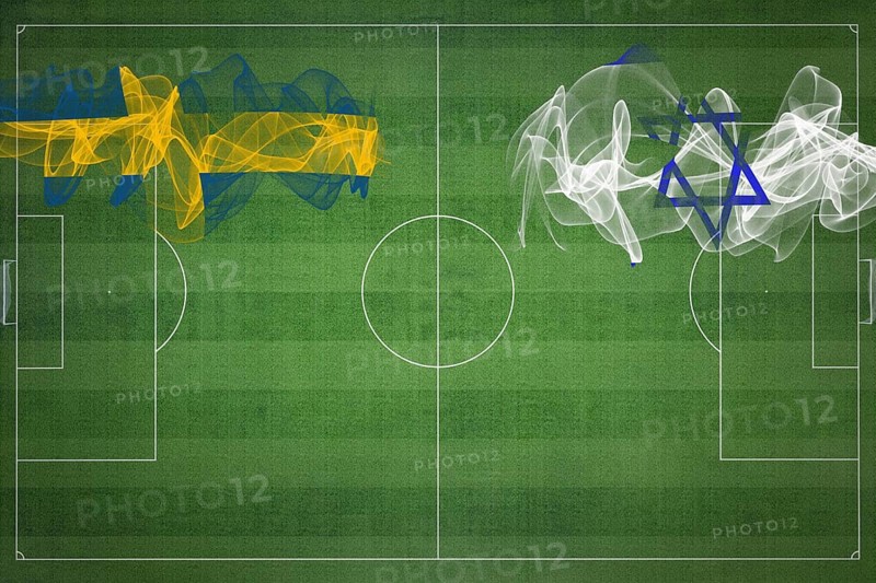 Sweden vs Israel Soccer Match, national colors, national flags, soccer field, football game, Competition concept, Copy space