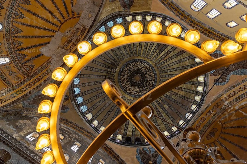 A picture of the colorful and gorgeous interior of the Hagia Sophia, in Istanbul