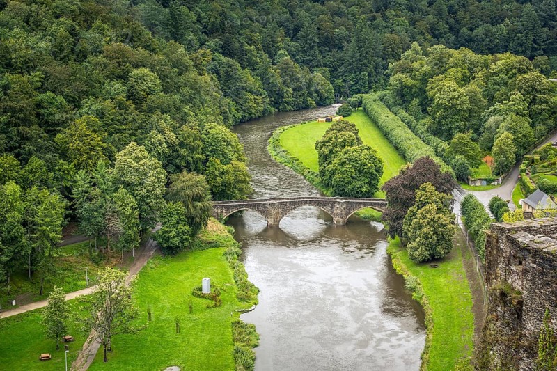 Dinant, Belgium, 04th of August 2023: View on Pont de Cordemoy, bridge over river Semois in Bouillon, Belgium, Europe