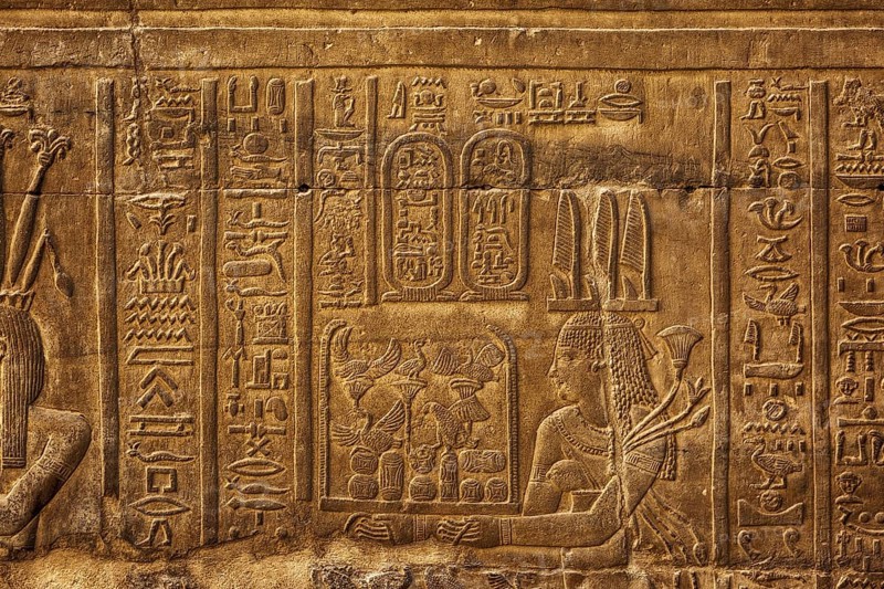 Hieroglyphic carvings on the exterior walls of an ancient egyptian temple