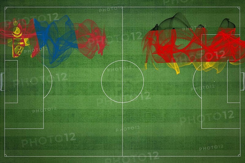 Mongolia vs Germany Soccer Match, national colors, national flags, soccer field, football game, Competition concept, Copy space