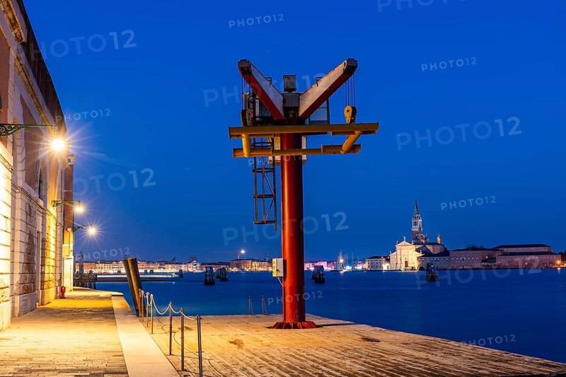 Loading crane on the quay, backlit church of San Giorgio Maggiore, blue hour, Venice, UNESCO World Heritage Site, Veneto, Italy, Europe