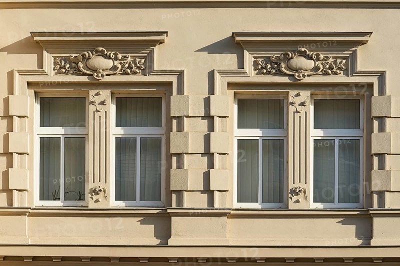 Windows of a renovated house from the Wilhelminian era in Magdeburg