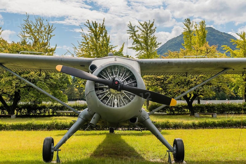 Daejeon, South Korea. October 3, 2019: Front view of engine and propeller of De Havilland U-6 Beaver airplane on display at National Cemetery