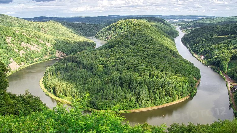 Saarschleife view from tree top walk tower. A lookout tower in Saarland. Pure nature. Scenic a beautiful sight