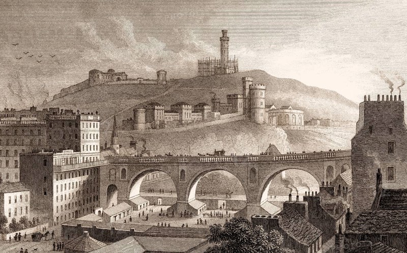 North Bridge, Calton Hill, from the Bank of Scotland, Edinburgh, Scotland, 19th century, from Modern Athens by Th. H. Shepherd