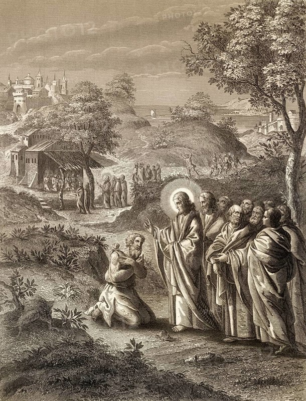 Jesus Christ cures 10 lepers, Steel engraving 1853, digitally restored