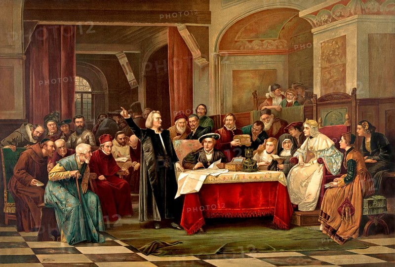 Christopher Columbus standing before King Ferdinand and Queen Isabella on his return to Spain, digitally optimized