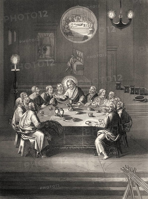 Institution of the Holy Sacrament, New Testament, steel engraving 1853, digitally restored