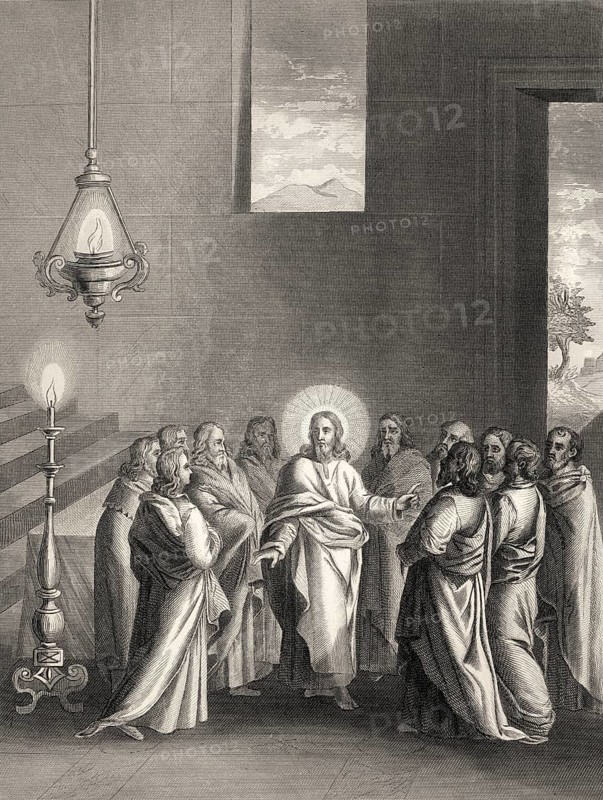 The Promise of the Holy Spirit, after the Last Supper, New Testament, steel engraving 1853, digitally restored