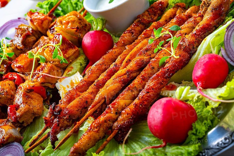 Grilled szaszlyk and meatballs with green salad