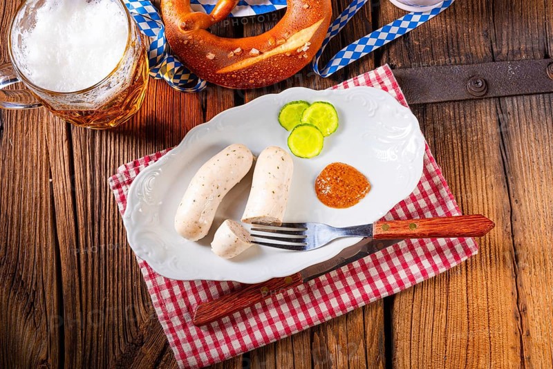 Bavarian veal sausage pretzels and beer at the Oktoberfest