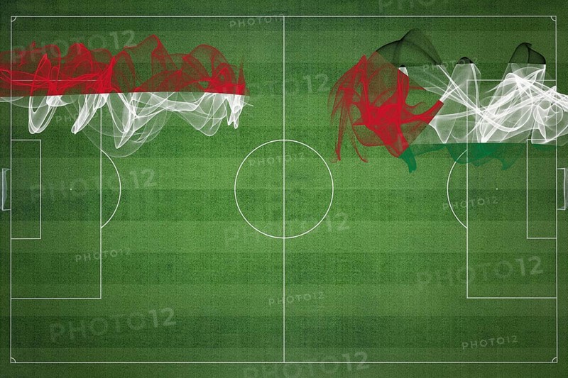 Monaco vs Palestine Soccer Match, national colors, national flags, soccer field, football game, Competition concept, Copy space