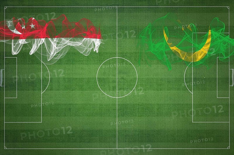 Singapore vs Mauritania Soccer Match, national colors, national flags, soccer field, football game, Competition concept, Copy space