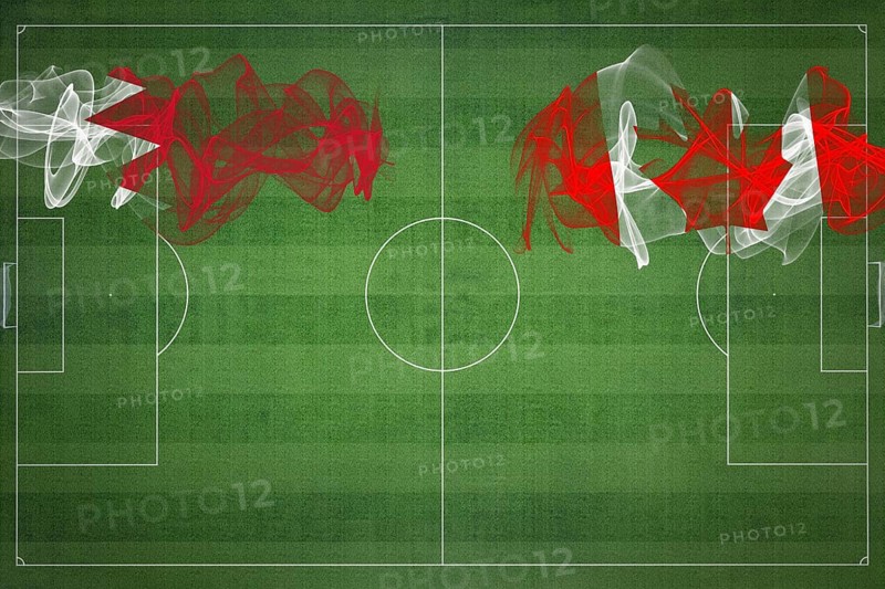 Bahrain vs Canada Soccer Match, national colors, national flags, soccer field, football game, Competition concept, Copy space