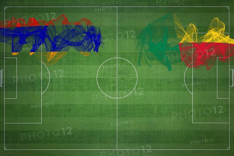 Armenia vs Benin Soccer Match, national colors, national flags, soccer field, football game, Competition concept, Copy space