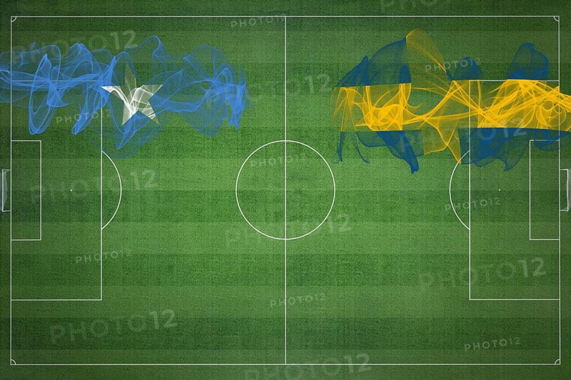 Somalia vs Sweden Soccer Match, national colors, national flags, soccer field, football game, Competition concept, Copy space