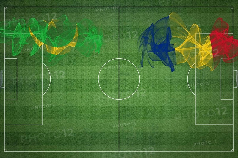Mauritania vs Romania Soccer Match, national colors, national flags, soccer field, football game, Competition concept, Copy space