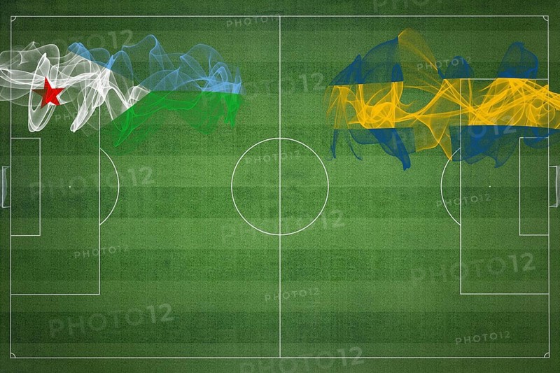 Djibouti vs Sweden Soccer Match, national colors, national flags, soccer field, football game, Competition concept, Copy space