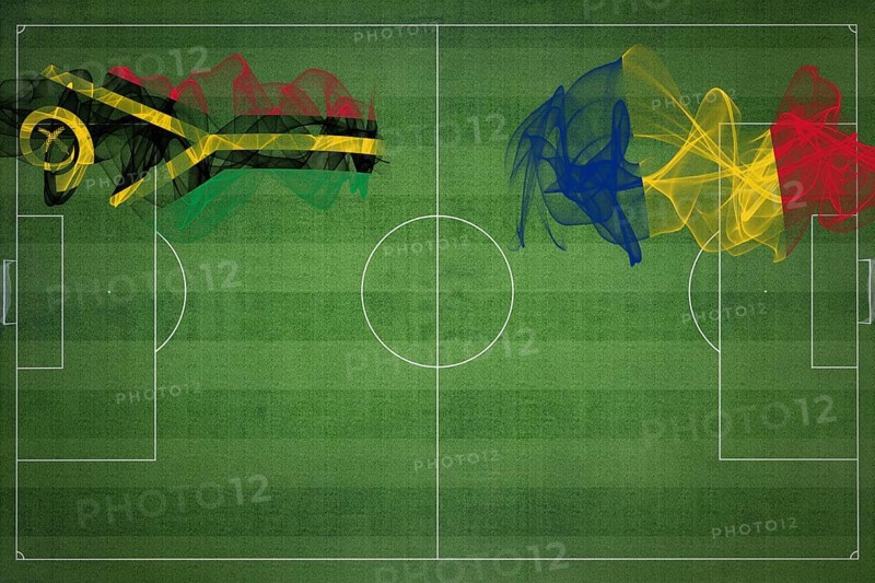 Vanuatu vs Romania Soccer Match, national colors, national flags, soccer field, football game, Competition concept, Copy space