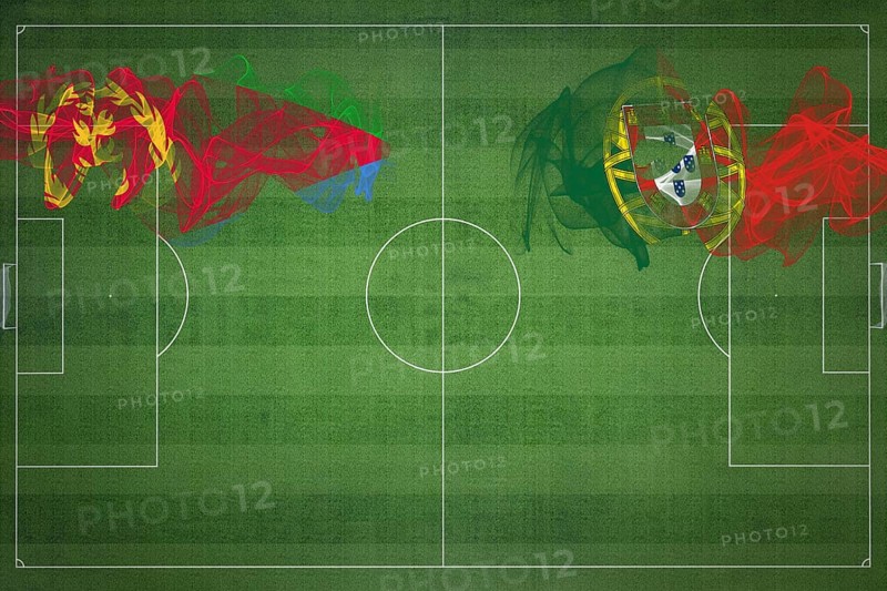 Eritrea vs Portugal Soccer Match, national colors, national flags, soccer field, football game, Competition concept, Copy space
