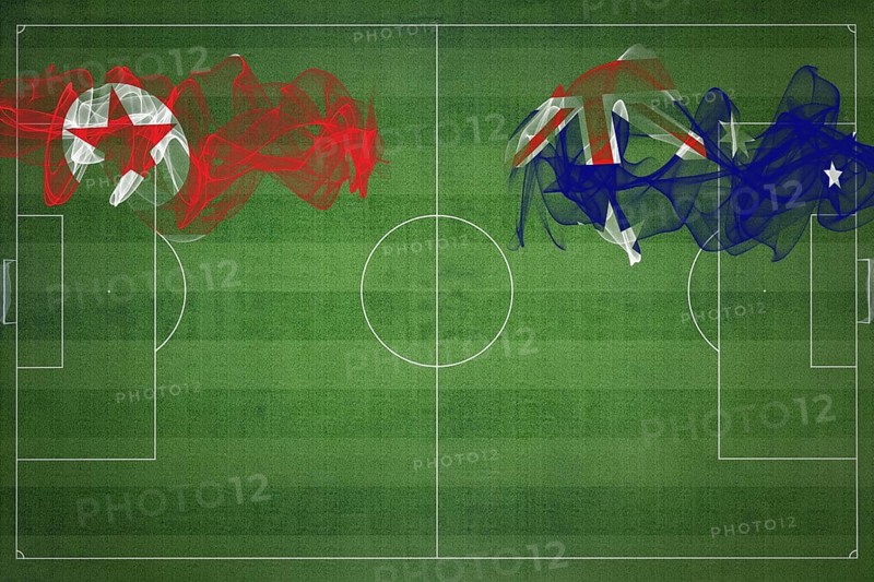 North Korea vs Australia Soccer Match, national colors, national flags, soccer field, football game, Competition concept, Copy space
