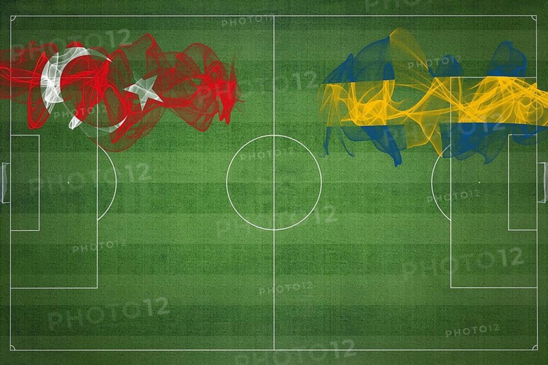 Turkey vs Sweden Soccer Match, national colors, national flags, soccer field, football game, Competition concept, Copy space