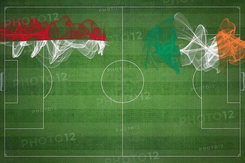 Monaco vs Ireland Soccer Match, national colors, national flags, soccer field, football game, Competition concept, Copy space