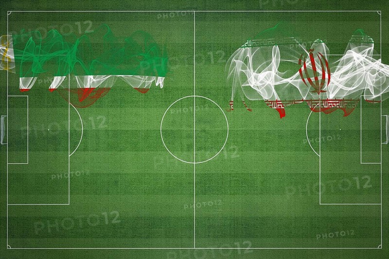 Chechnya vs Iran Soccer Match, national colors, national flags, soccer field, football game, Competition concept, Copy space