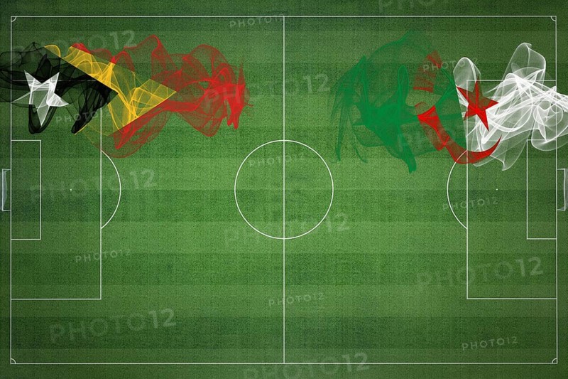 East Timor vs Algeria Soccer Match, national colors, national flags, soccer field, football game, Competition concept, Copy space