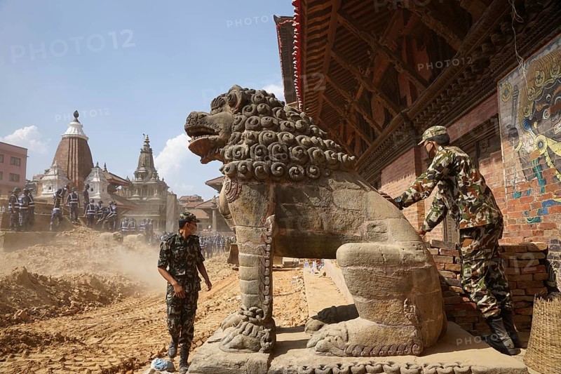 Army and police personnel clear debris, earthquake, nepal, asia