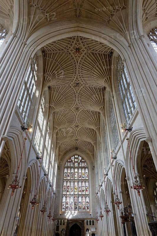 Interior view, ceiling, stained glass window, Bath Abbey, Bath, England, Great Britain