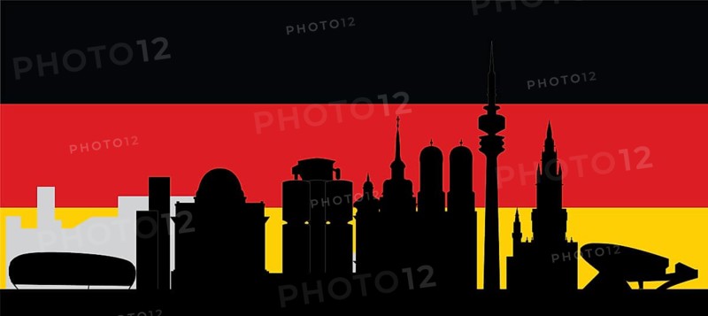 Illustration of the german city munchen in black and white drawing with flag