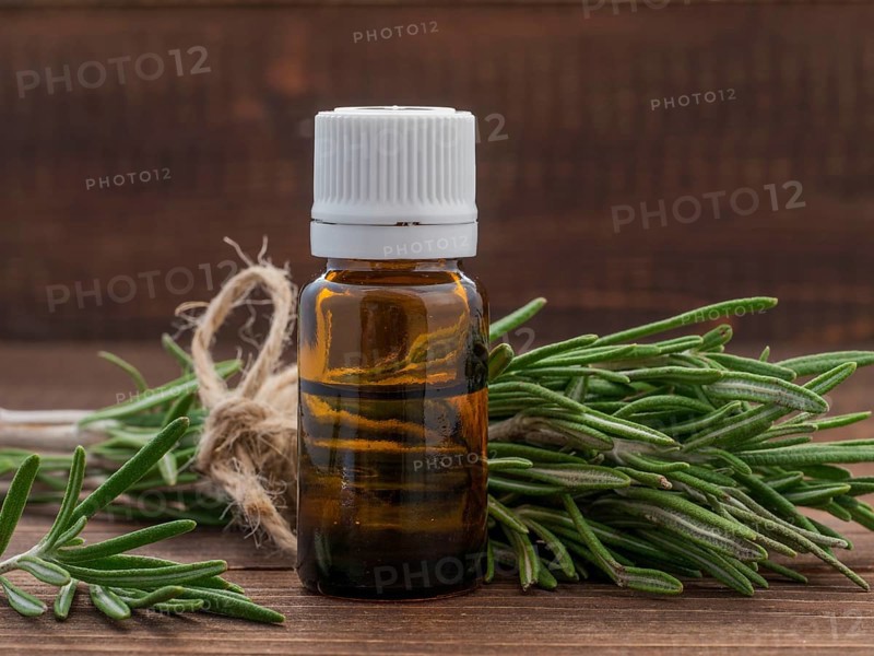 Rosemary essential oil in dark glass bottle and fresh rosemary on dark wooden background with copy space