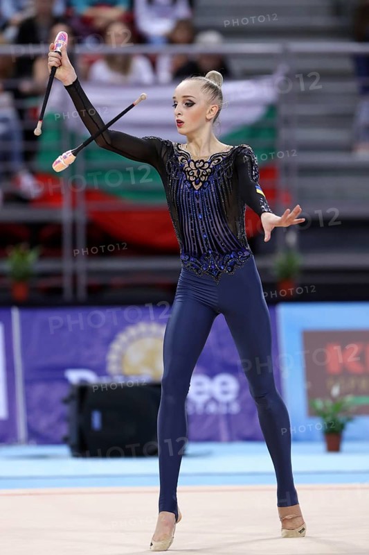 Sofia, Bulgaria - 1 April, 2018: Olena Diachenko Ukraine performs with clubs during Rhythmic Gymnastics World Cup Sofia 2018. Individual tournament