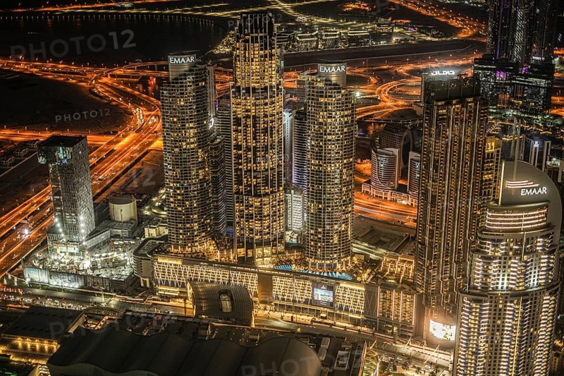 Dubai night view seen from the observation deck of Burj Khalifa. Shooting Location: Dubai