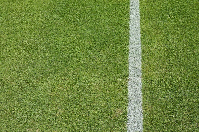 White line on the grass at soccer playing field in Lubin, Poland, Europe