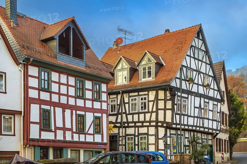 Street with historic half-timbered houses in Gelnhausen, Germany, Europe