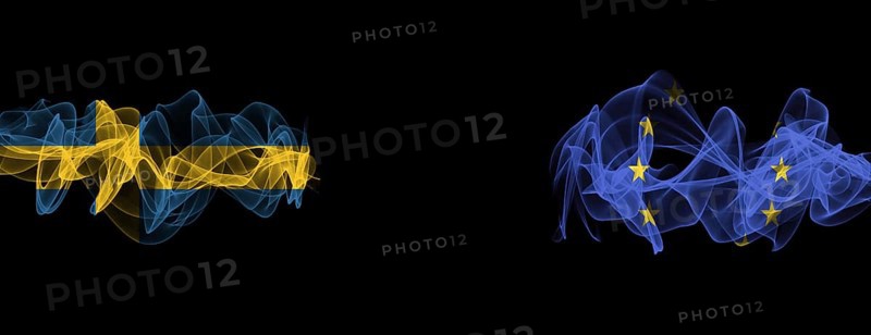 Flags of Sweden and EU on Black background, Sweden vs Europe Union Smoke Flags