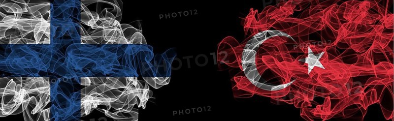 Flags of Finland and Turkey on Black background, Finland vs Turkey Smoke Flags