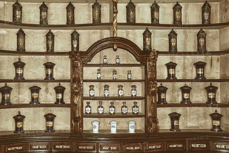 Interior of an Medieval Drugstore. Retro Stylized Image Szekesfehervar, Hungary, Europe